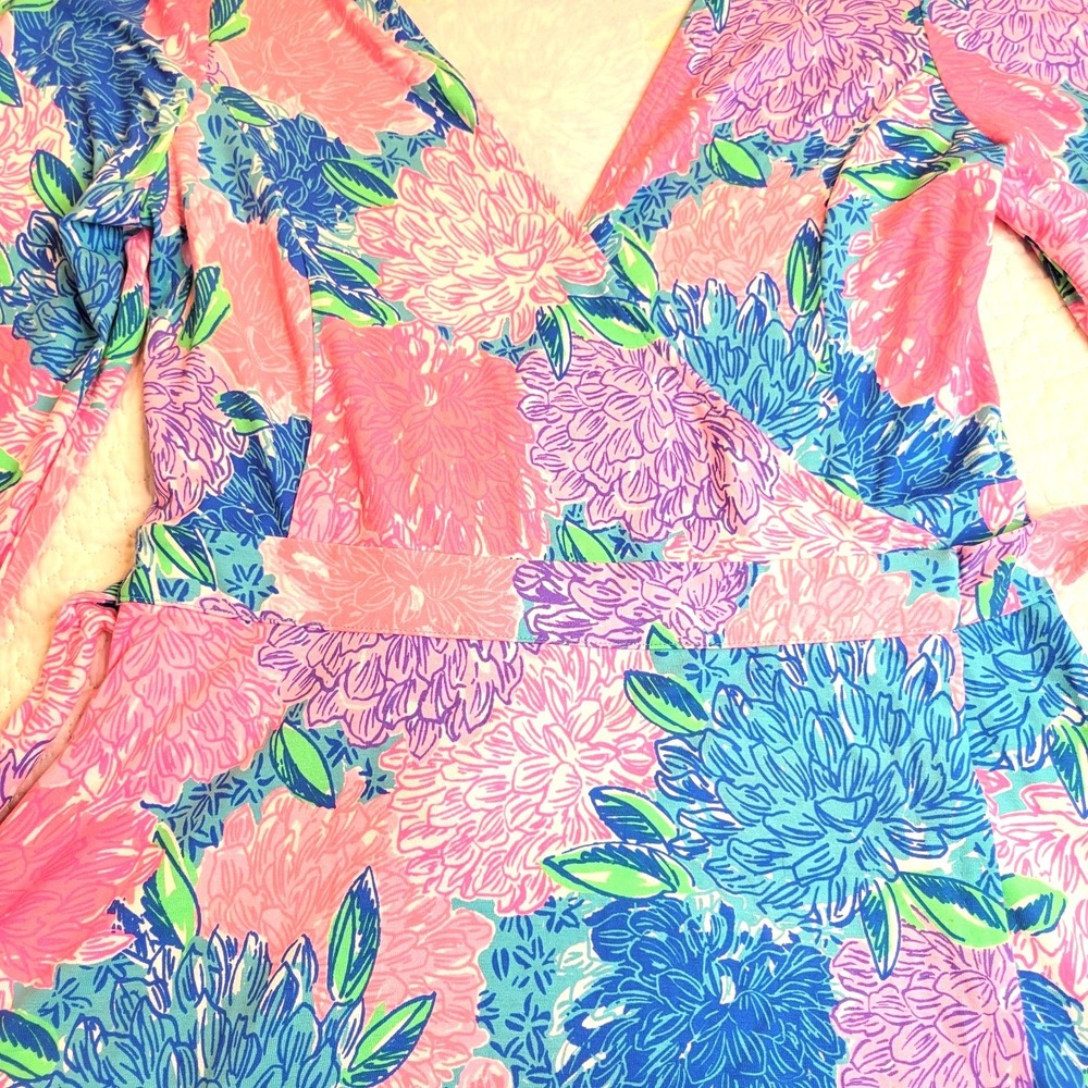 Lilly Pulitzer Wrap Dress Womens S Pink Blue Floral Long Sleeve Faux Wrap Jersey - Picture 12 of 16
